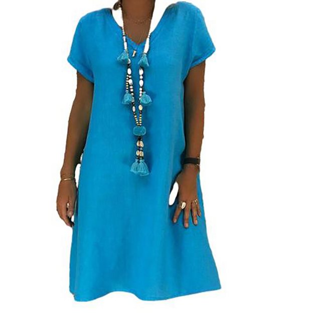 ZWY Strandkleid Leinen Kleider Casual V-Ausschnitt Sommerkleid Damen (Baumwolle und Leinen atmungsaktiv,Leicht und atmungsaktiv) Midikleid Kurzarm A-Linie Kleid Strandkleid Ohne Zubehör