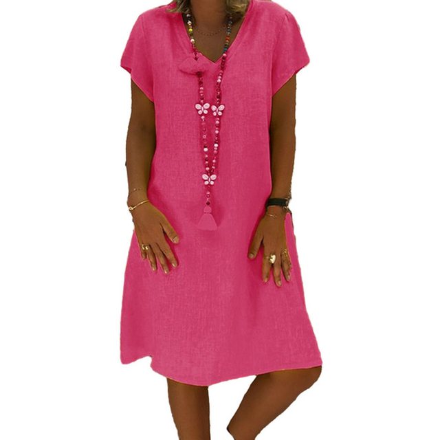 ZWY Strandkleid Leinen Kleider Casual V-Ausschnitt Sommerkleid Damen (Baumwolle und Leinen atmungsaktiv,Leicht und atmungsaktiv) Midikleid Kurzarm A-Linie Kleid Strandkleid Ohne Zubehör