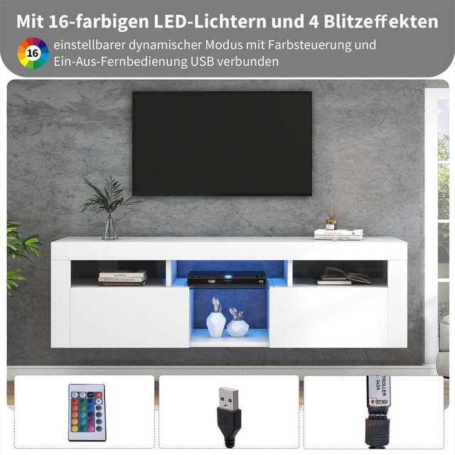 autolock TV-Schrank 140 cm großes weißes Hochglanz TV Panel mit LED-Beleuchtung