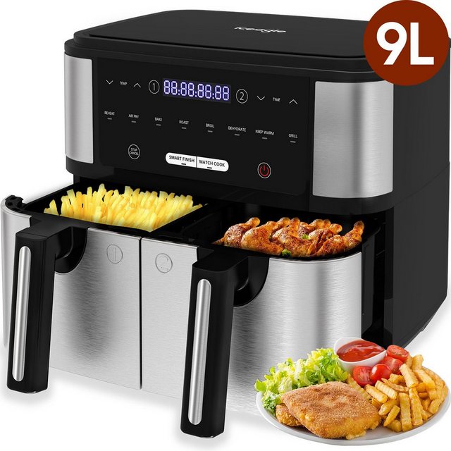 iceagle Heißluftfritteuse Heißluftfritteuse KDF-5515DT, 9L Ohne Öl Air Fryer Heizluft Fritteuse, 2600,00 W, 8 Garverfahren, 4.5L+4.5L