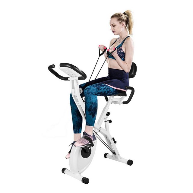 BIGZZIA Heimtrainer 4-in-1 Heimtrainer mit 8 Stufen verstellbarem Magnetwiderstand, und Spannseil, klappbarer Heimtrainer, LCD-Display, Handpulssensoren