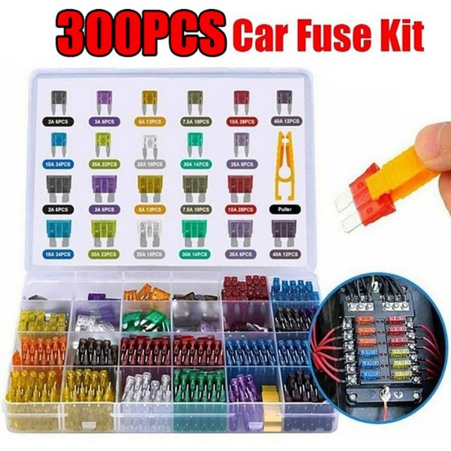 Fivejoy Sicherungshalter Kfz-Sicherungshalter 300 Stück KFZ Sicherungen im Set (2A-40A, 300-St), 40,00 A, 30V, 1-polig, (300-st, Assorted Automotive Blade Fuse Kit, Standard & Mini 2A-40A, 300-St), Für Auto, Boot, LKW, Caravan, Wohnwagen, Suv, Automotive