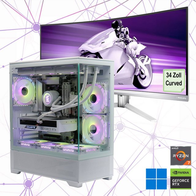 GAMEMAX ICE SET2468 Gaming-PC-Komplettsystem (34", AMD Ryzen 7 7800X3D, RTX 4070 Ti Super, 32 GB RAM, 2000 GB SSD, DDR5 RAM, PCIe SSD Gen4, Win 11, Philips 34M2C8600 OLED-TFT, Curved)