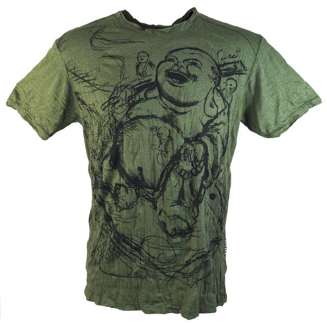 Guru-Shop T-Shirt Sure Herren T-Shirt Happy Buddha - olive Goa Style, Festival, alternative Bekleidung