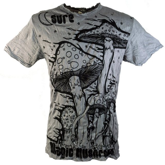 Guru-Shop T-Shirt Sure Herren T-Shirt Magic Mushroom - grau Goa Style, Festival, alternative Bekleidung