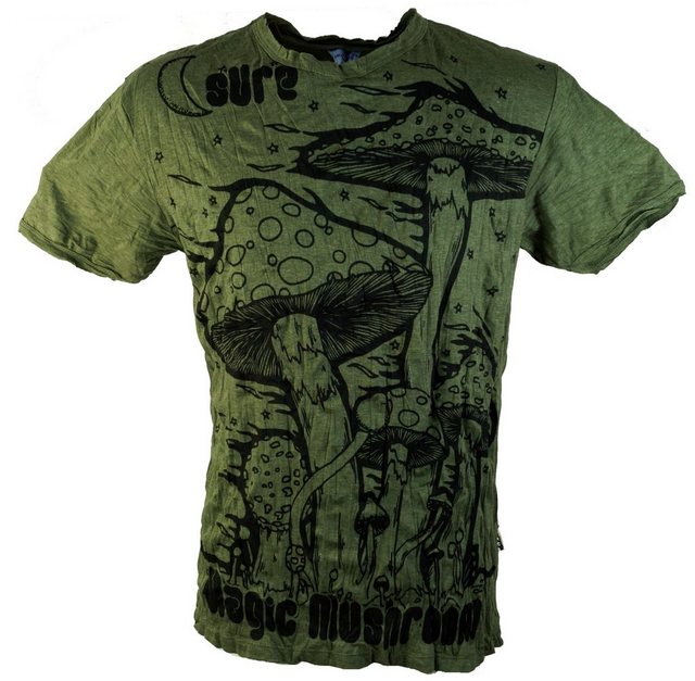 Guru-Shop T-Shirt Sure Herren T-Shirt Magic Mushroom - olive Goa Style, Festival, alternative Bekleidung