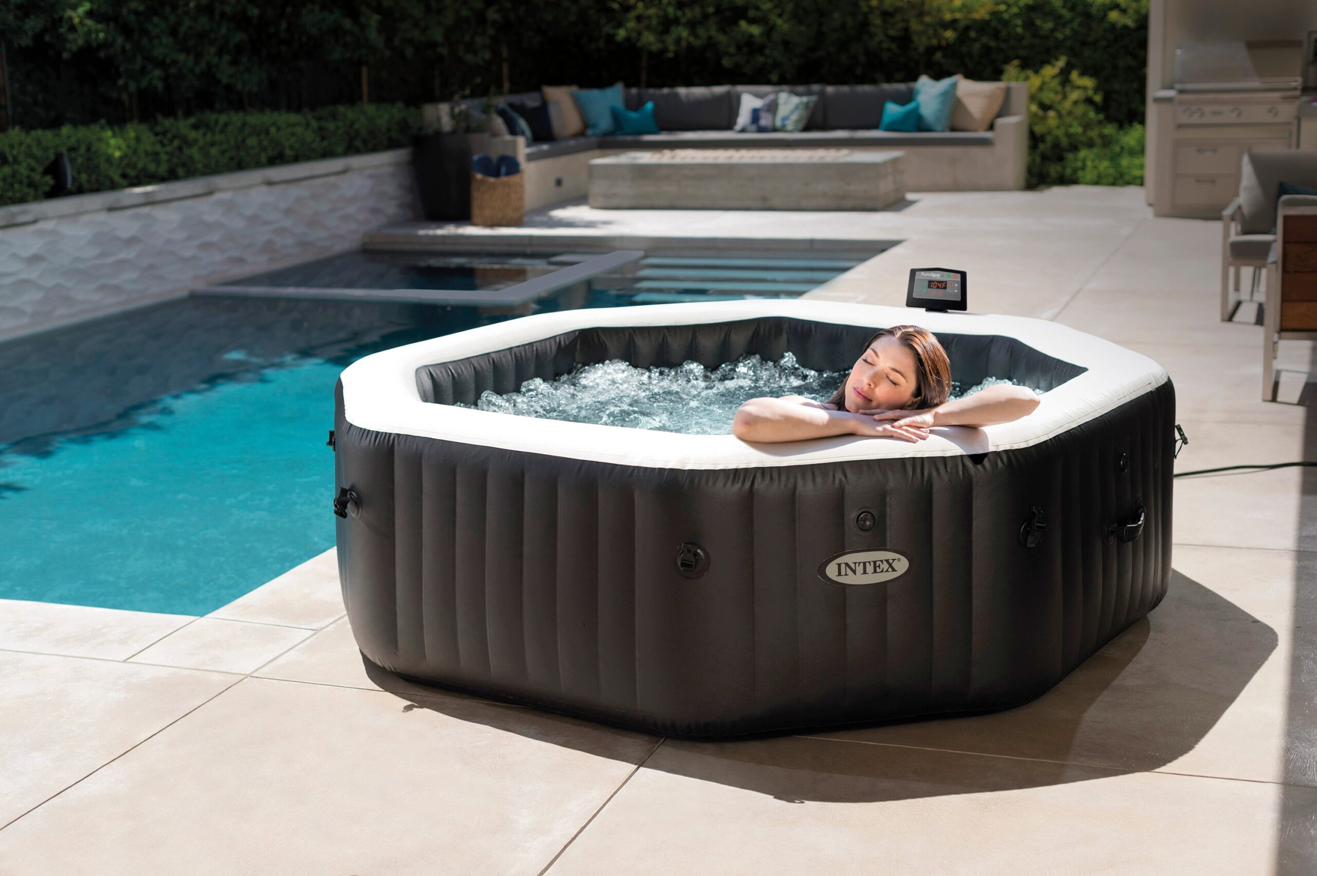 Intex Whirlpool "PureSPA "Jet + Bubble Deluxe" octagon, onyx black", (Set), 6-tlg., ØxH: 201x71cm, mit Salzwassersystem