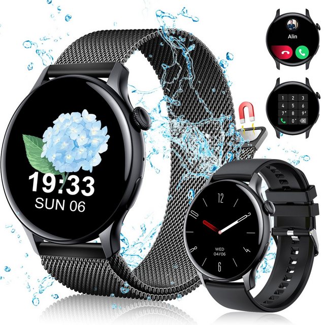 JANOLTY Smartwatch Damen/Herren (1.43" AMOLED-Display, 2* Uhrenarmbänder Smartwatch, Sport Band,Fitness Uhr,Fitness Tracker,Sport Loop