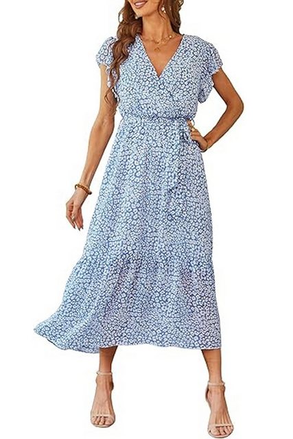 JDMGZSR Druckkleid Sommerlich-elegant,kleider v-ausschnitt,kleider midi A-linien-kleider damen Rüschenärmel,festliche,Chiffonkleid