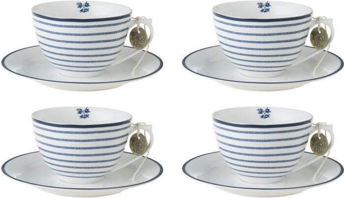 LAURA ASHLEY BLUEPRINT COLLECTABLES Cappuccinotasse "Candy Stripe", (Set, 8 tlg., 4 Cappuccinotassen und 4 Unterteller), 4 Tassen, 4 Untertassen