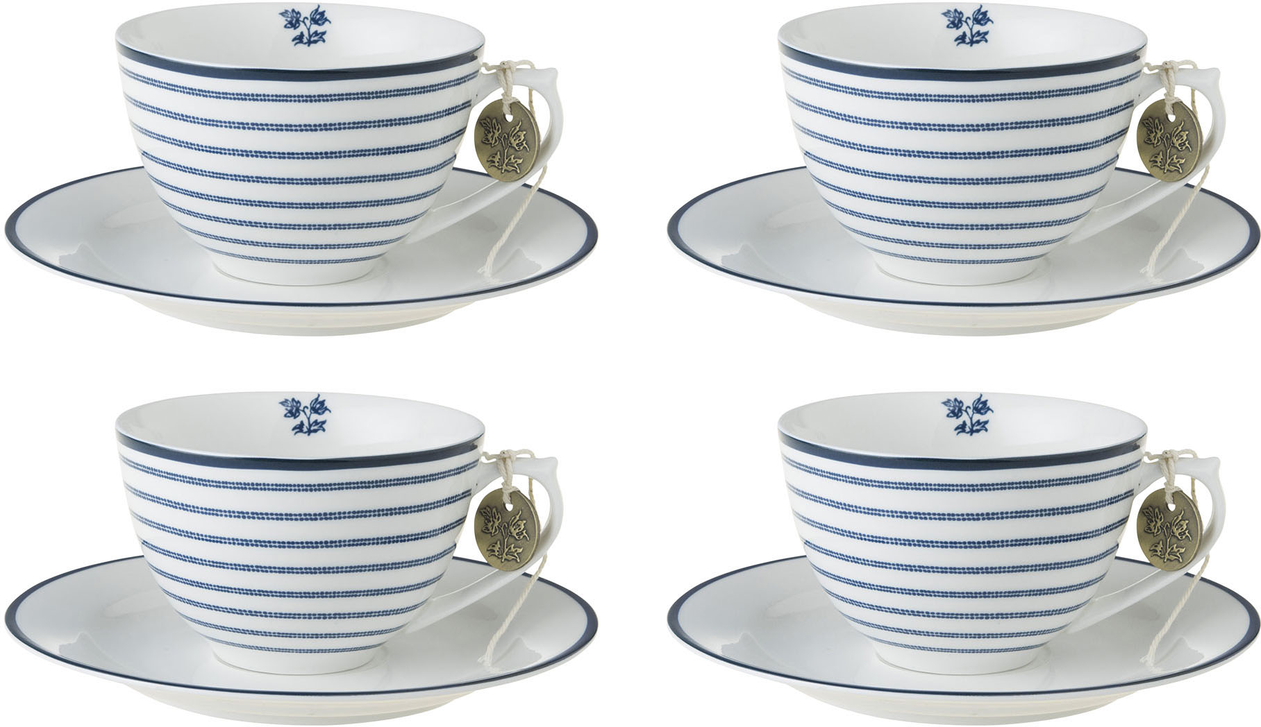 LAURA ASHLEY BLUEPRINT COLLECTABLES Cappuccinotasse "Candy Stripe", (Set, 8 tlg., 4 Cappuccinotassen und 4 Unterteller), 4 Tassen, 4 Untertassen