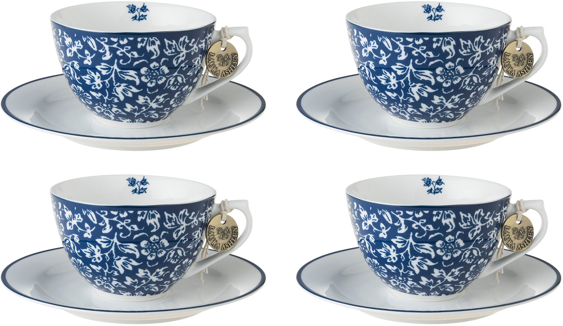 LAURA ASHLEY BLUEPRINT COLLECTABLES Cappuccinotasse "Sweet Allysum", (Set, 8 tlg., 4 Cappuccinotassen und 4 Unterteller), 4 Tassen, 4 Untertassen