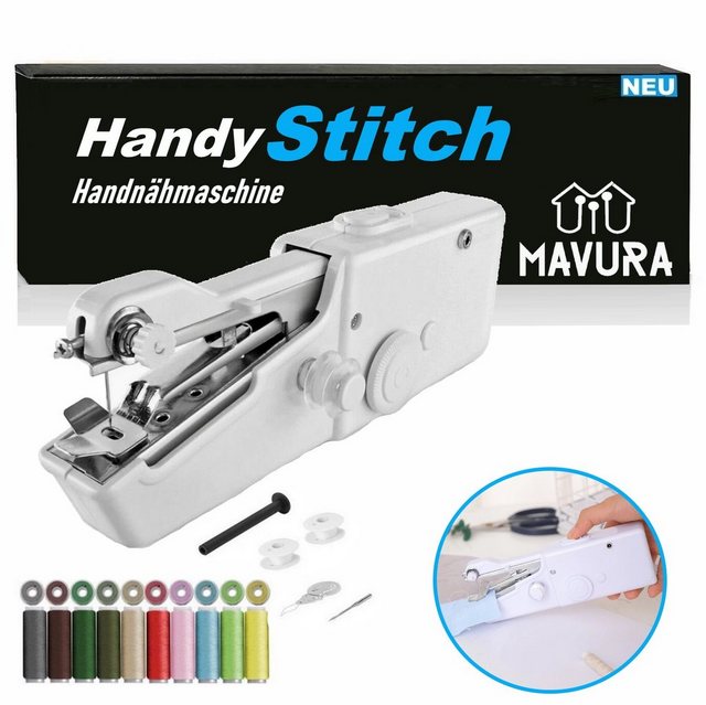 MAVURA Nähmaschine HandyStitch Mini Hand Reise Nähmaschine Handnähmaschine, Reisenähmaschine elektrisch nähen Batterie extra Garne Set