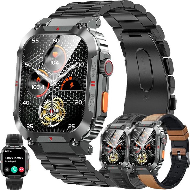 MYSHUN Herren mit Telefonfunktion Touchscreen IP68 Wasserdicht Stahl Sport Smartwatch (2.02 Zoll, Andriod iOS), mit Blutdruckmessung 123 Sportmodi Aktivitätstracker 3 Uhrenarmbänder