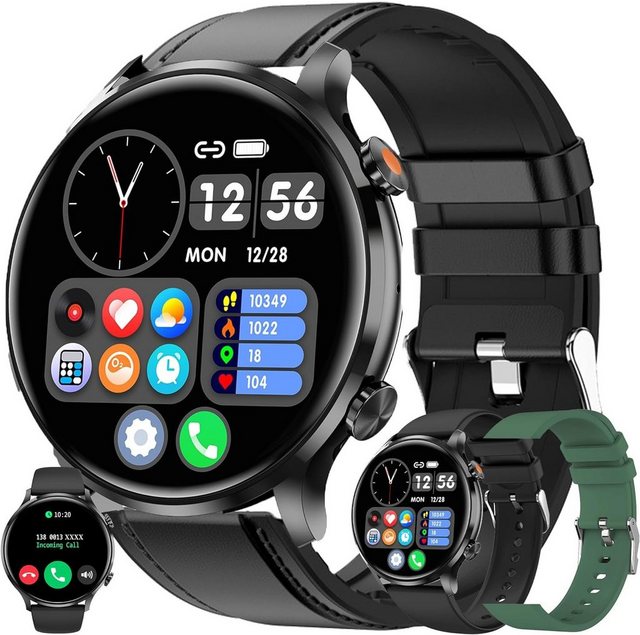 MYSHUN mit Telefonfunktion Touchscreen IP68 Wasserdicht Sport Smartwatch (1.39 Zoll, Andriod iOS), mit Blutdruckmessung 123 Sportmodi 3 Uhrenarmbänder Aktivitätstracker