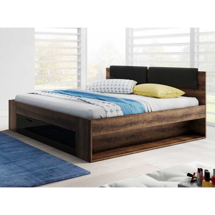 Stauraum Bett 140x200 cm in Wildeiche dunkel & Schwarz 94 cm hoch