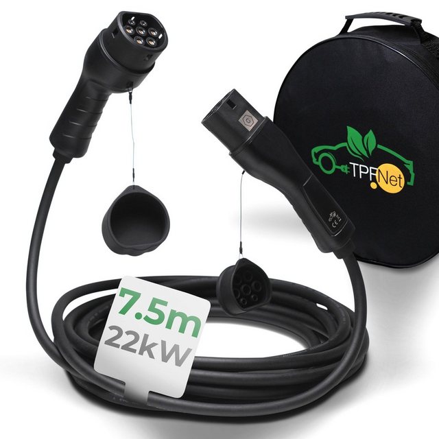 TPFNet Typ 2 E-Auto 22kW Ladekabel 32A Autoladekabel, Typ 2-Stecker, Typ 2 (750 cm), Elektroauto Ladekabel Typ 2, IP65 geschützt, 3-Phasig, 7,5m