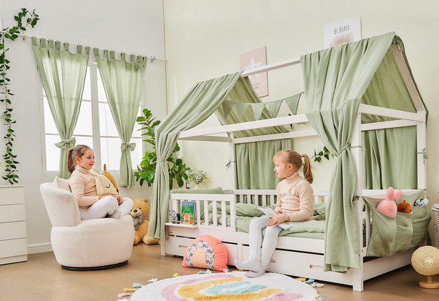 Vorhang Komplett SET mit Hausbett DEKO, Alavya Home®, Schlaufen (2 St), Lichtschutz, 100% Bio-Musselin Baumwolle, Vorhänge 100 x 150 cm Kurz 2er-Set für Kinderzimmer