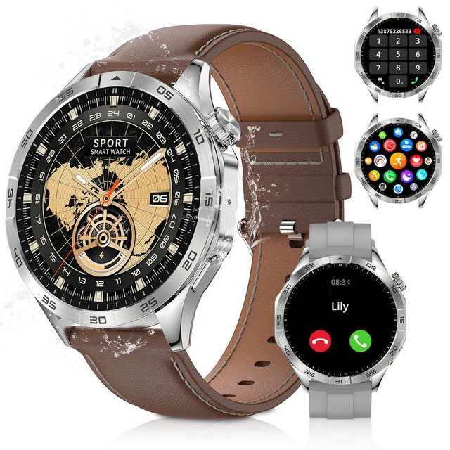 Yuede AMOLED Smartwatch, Fitness Uhr mit Anruffunktion für Damen und Herren Smartwatch (Rundes 1,43-Zoll-UHD-Full-Touch-AMOLED Farbdisplay Zoll) Gesundheits-Smartwatches mit Blutsauerstoff, Blutdruckmessung, Herzfrequenz, Schlafqualität, Schrittzähler, AI Voice, Musiksteuerung etc., Sportuhr mit Wechselband Silikon und Lederband Uhrenarmbänder, BT 5.3, IP68 Wasserdicht, für Android IOS