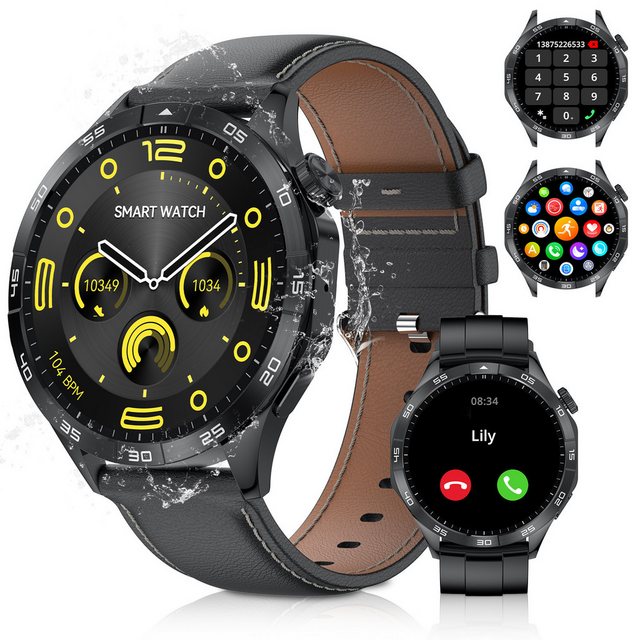 Yuede AMOLED Smartwatch, Fitness Uhr mit Anruffunktion für Damen und Herren Smartwatch (Rundes 1,43-Zoll-UHD-Full-Touch-AMOLED Farbdisplay Zoll) Gesundheits-Smartwatches mit Blutsauerstoff, Blutdruckmessung, Herzfrequenz, Schlafqualität, Schrittzähler, AI Voice, Musiksteuerung etc., Sportuhr mit Wechselband Silikon und Lederband Uhrenarmbänder, BT 5.3, IP68 Wasserdicht, für Android IOS