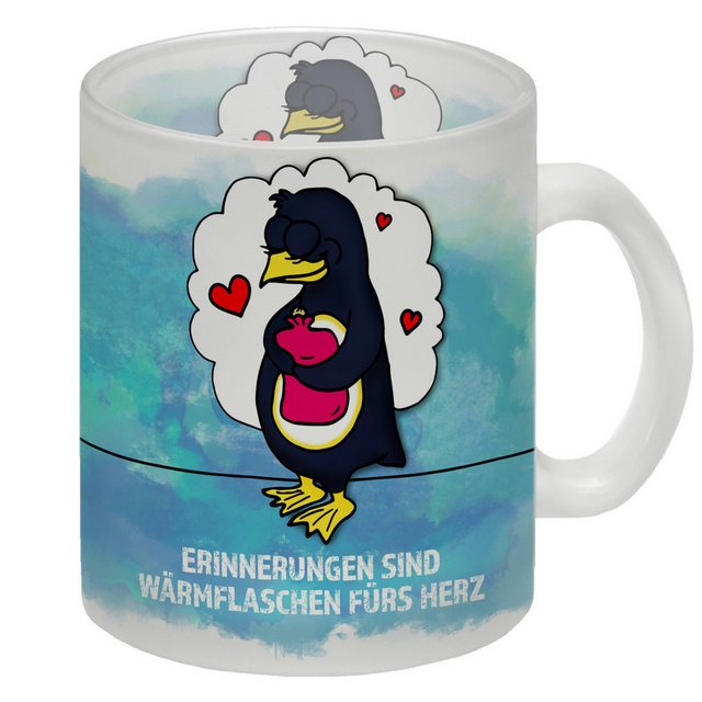 speecheese Tasse Erinnerungen sind Wärmflaschen fürs Herz Glas Tasse mit Pinguin Motiv