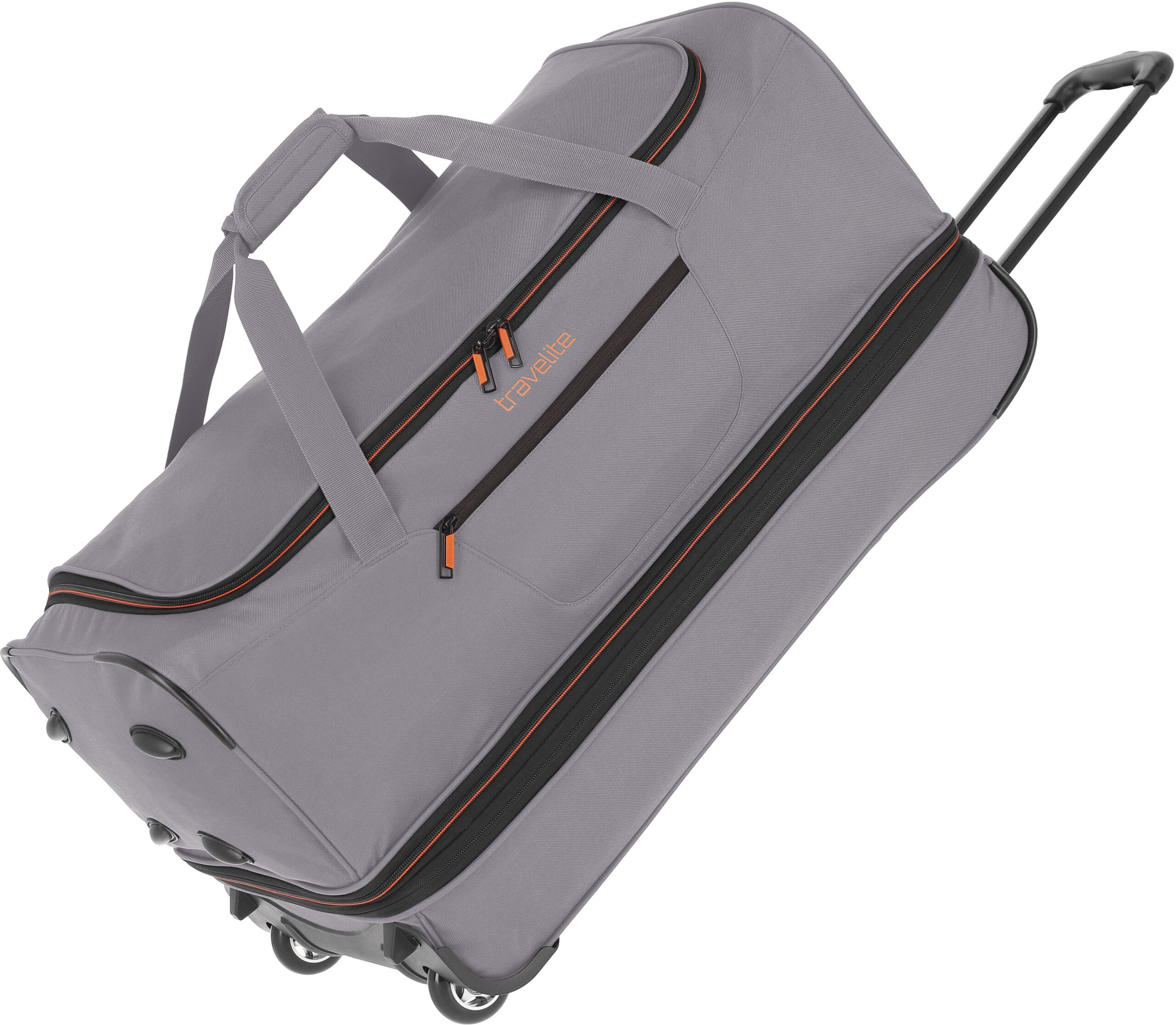 travelite Reisetasche "Basics, 70 cm, grau/orange", Duffle Bag Sporttasche mit Trolleyfunktion und Volumenerweiterung